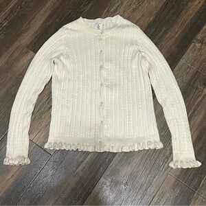 Lands End cream cable knit cotton cardigan sweater girls 10-12 M button up